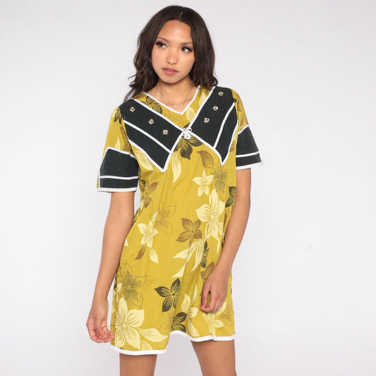 90s Floral Mini Dress Chartreuse Olive Sailor Collar Tropical Print Medium M