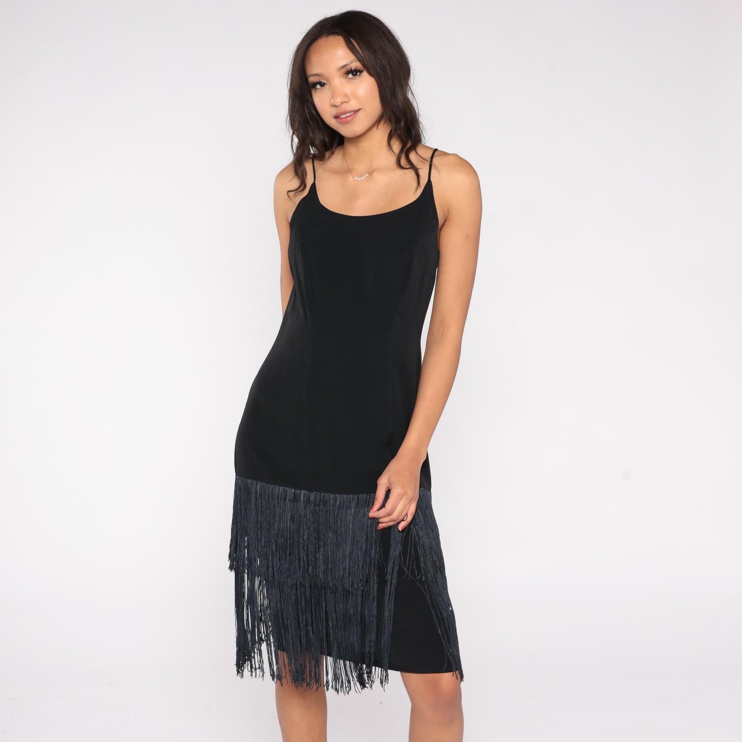90s BB Collection Black Fringe Slip Dress Spaghetti Strap Cocktail Small