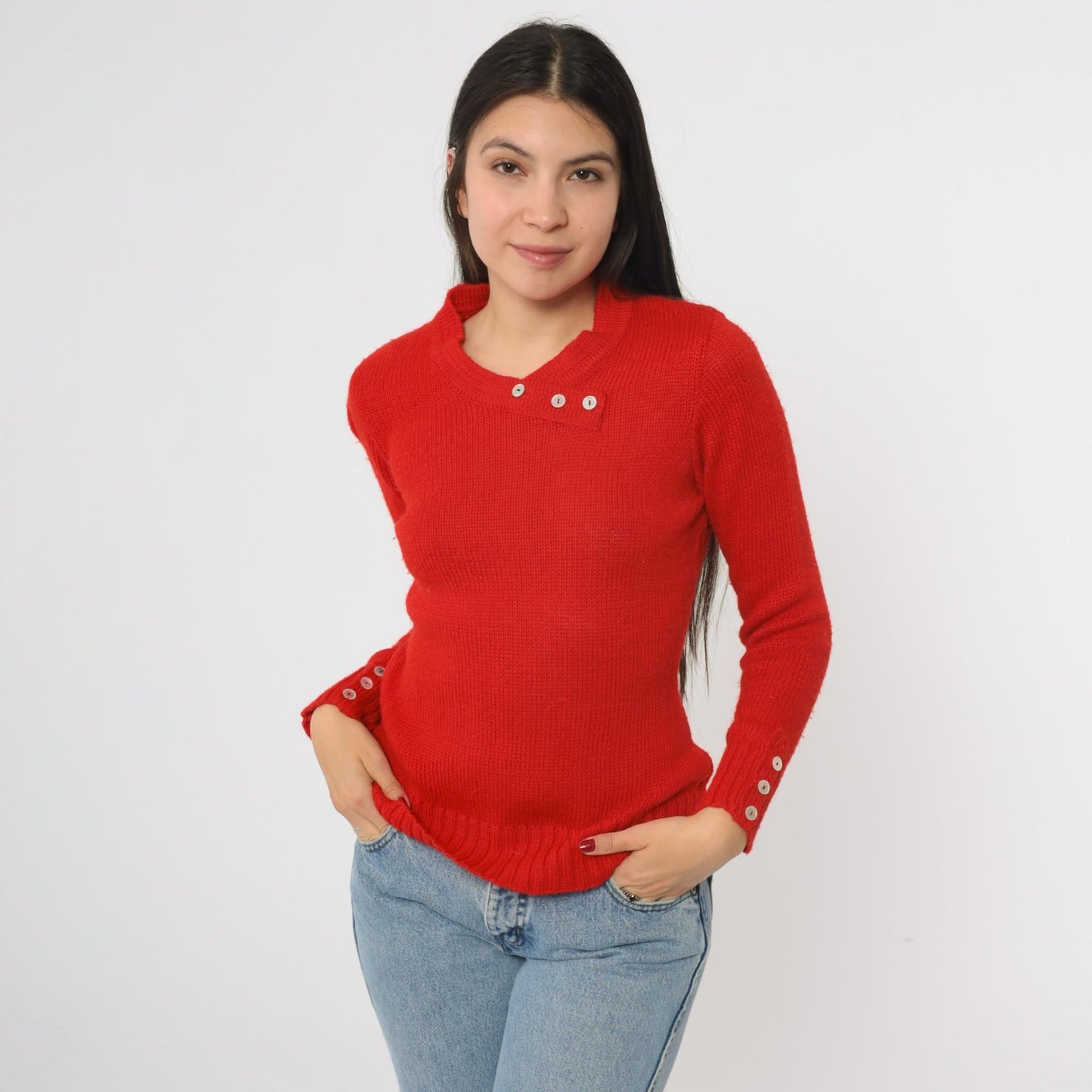 80s Red Knit Sweater Preppy Crewneck Button Detail Small