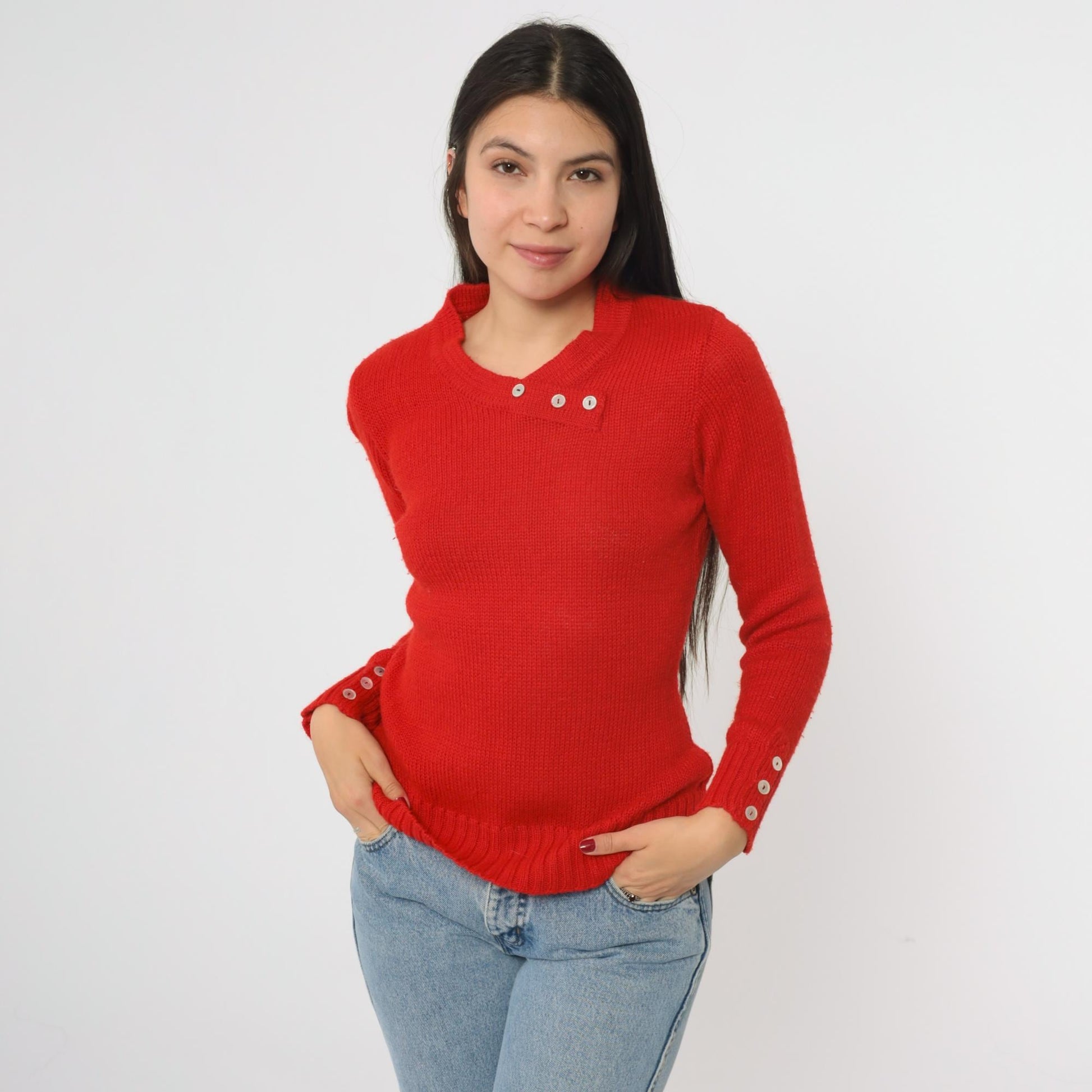 80s Red Knit Sweater Preppy Crewneck Button Detail Small