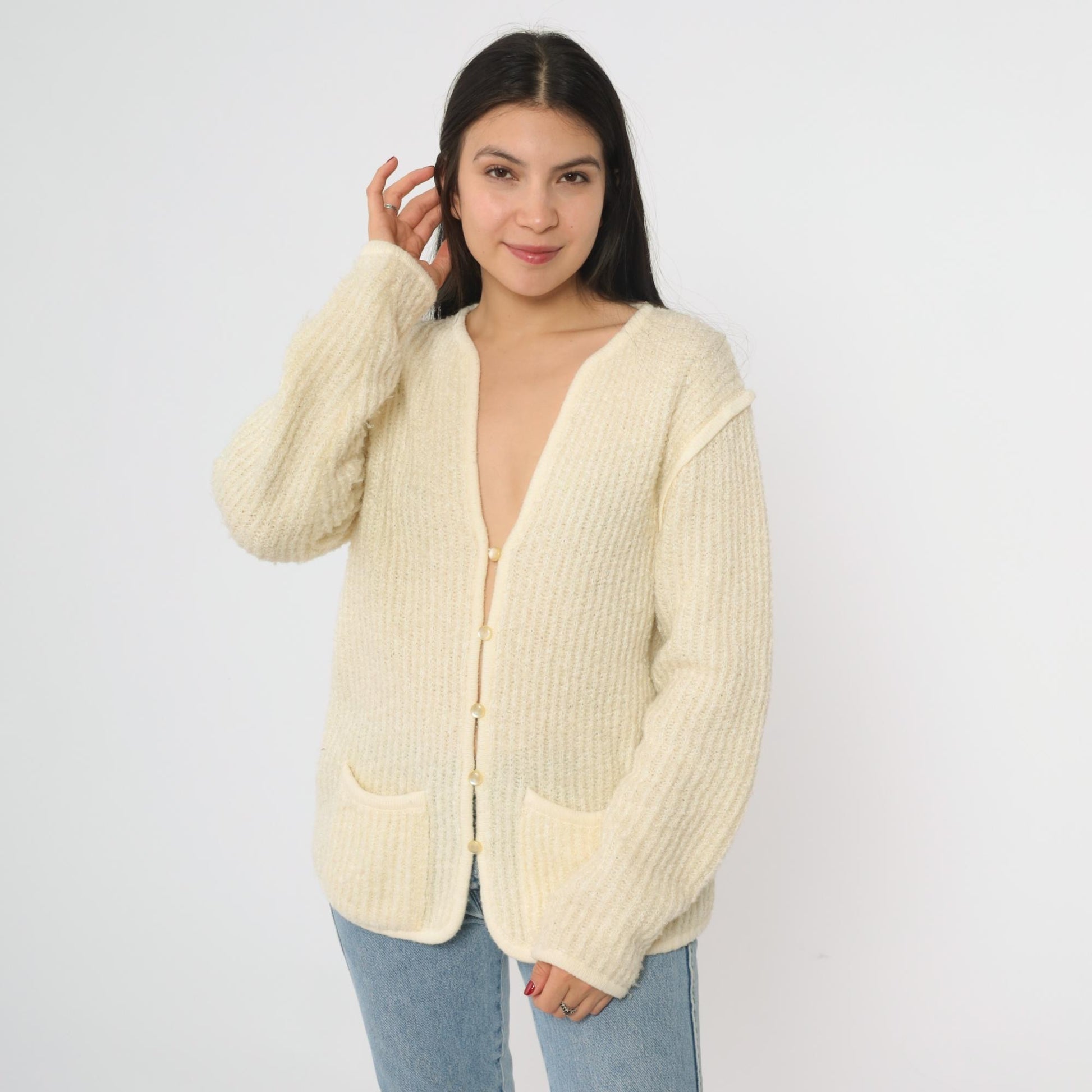 80s Ivory Knit Cardigan V-Neck Ribbed Texture Front Pockets Large L