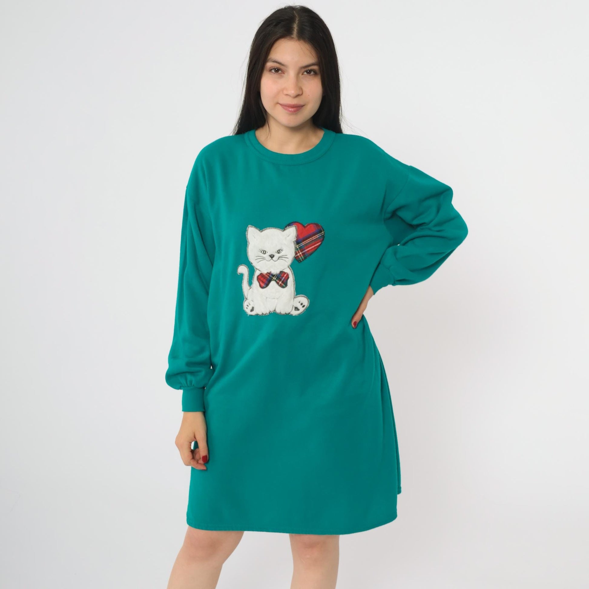 90s Teal Cat Applique Sweatshirt Dress Fuzzy Kitten Pullover Small S