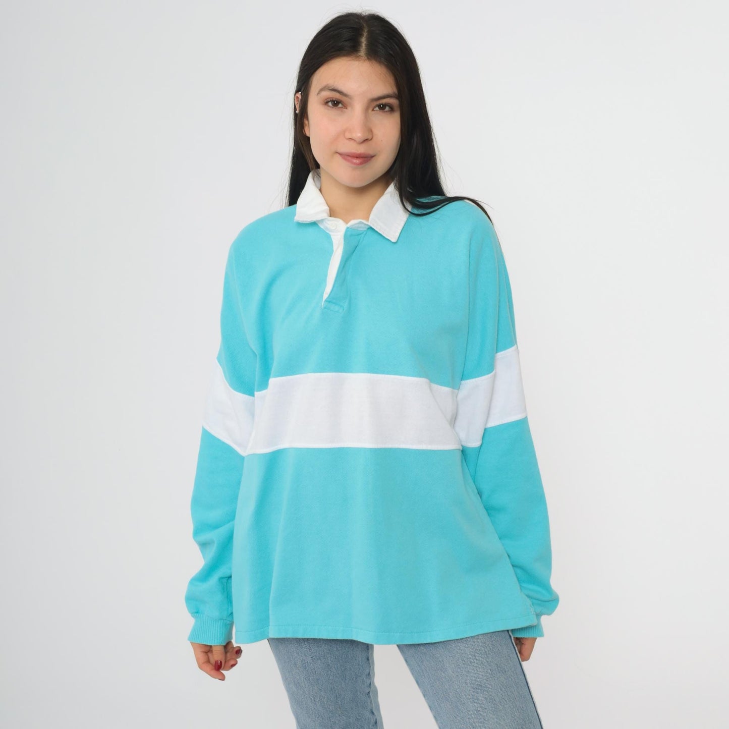 80s Turquoise Rugby Shirt White Stripe Collared Pullover Extra Large XL