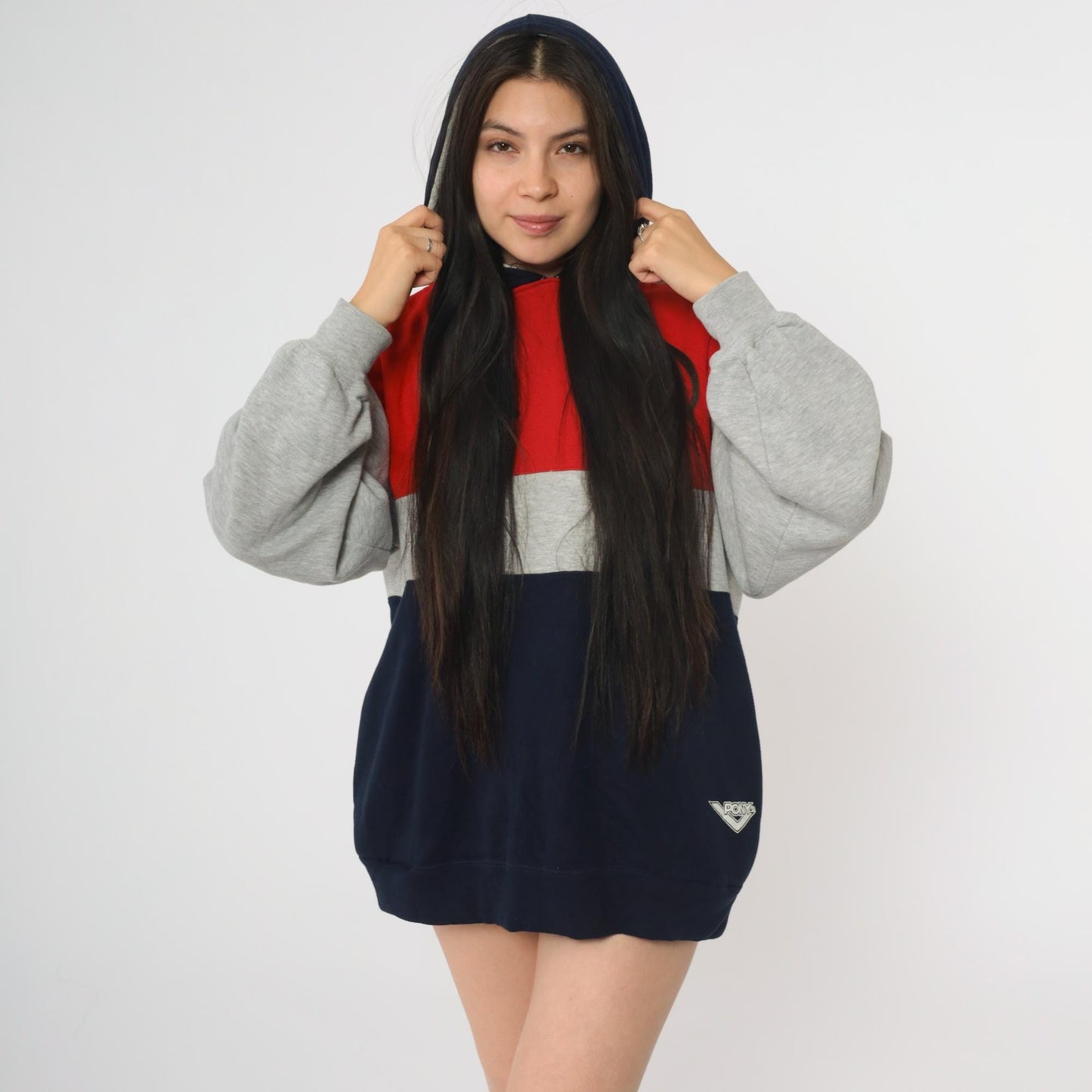 90s Pony Colorblock Hoodie Red Grey Navy Pullover Large L