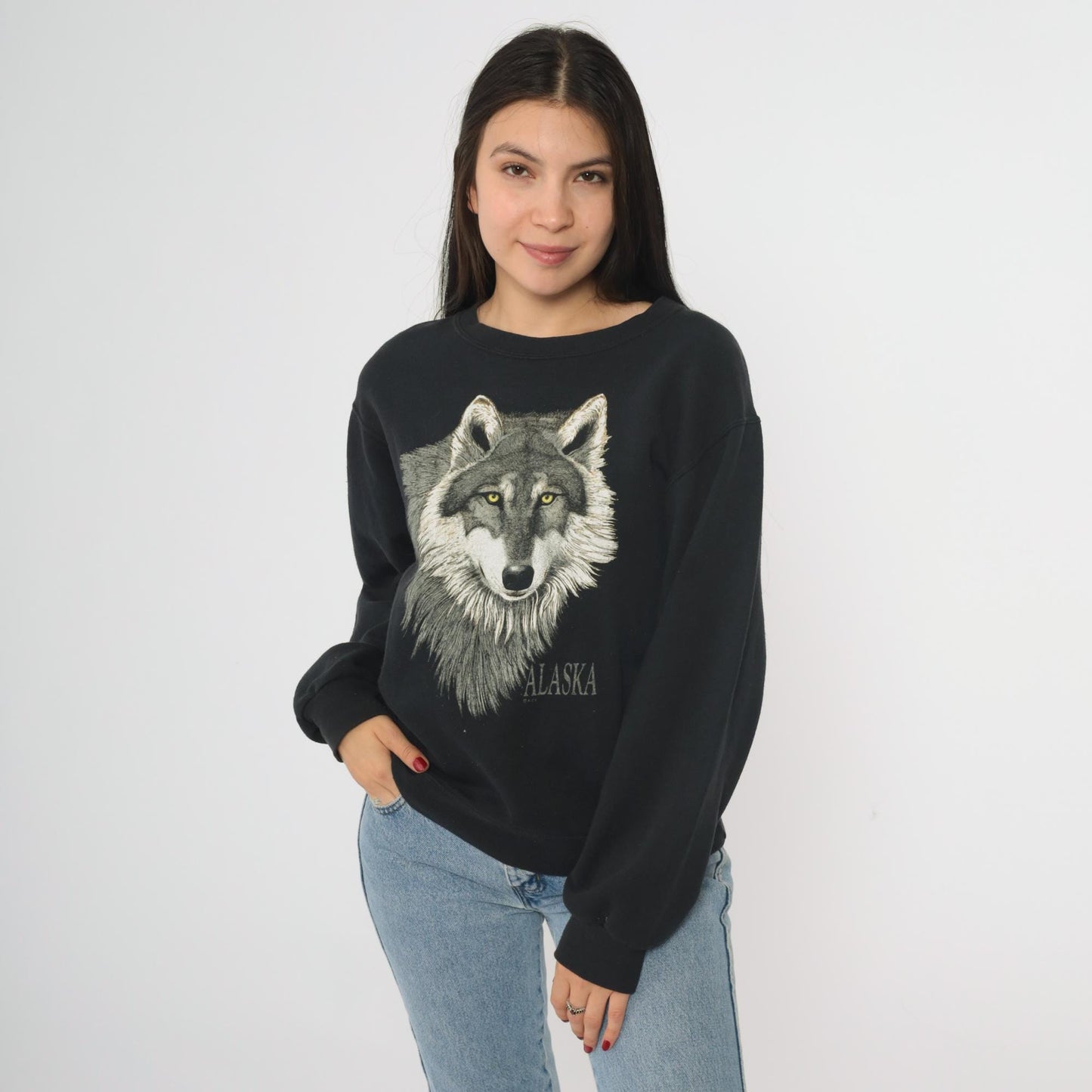 Y2K Wolf Alaska Graphic Sweatshirt Black Crewneck Small S