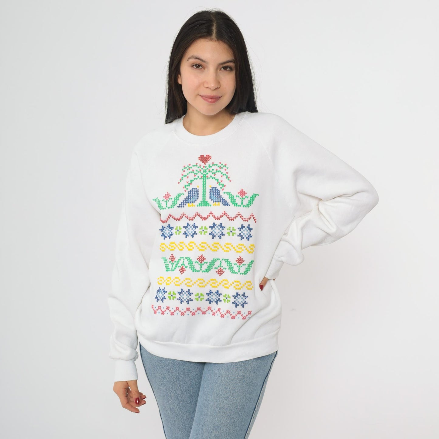 90s Jerzees Birds Floral Cross Stitch Graphic Sweatshirt White Crewneck Large L