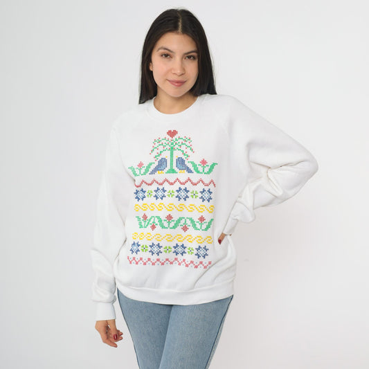 90s Jerzees Birds Floral Cross Stitch Graphic Sweatshirt White Crewneck Large L