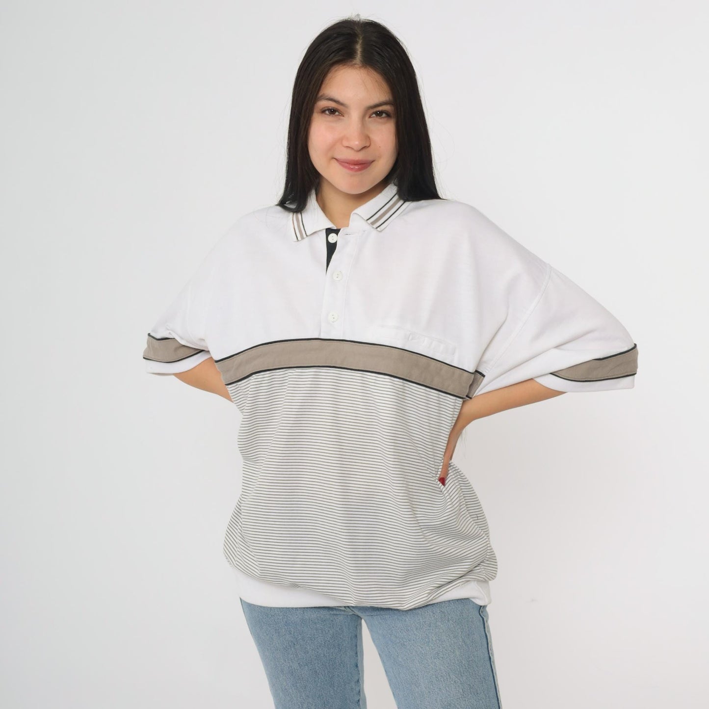 90s Puritan Polo Shirt White Taupe Black Striped Colorblock Large L
