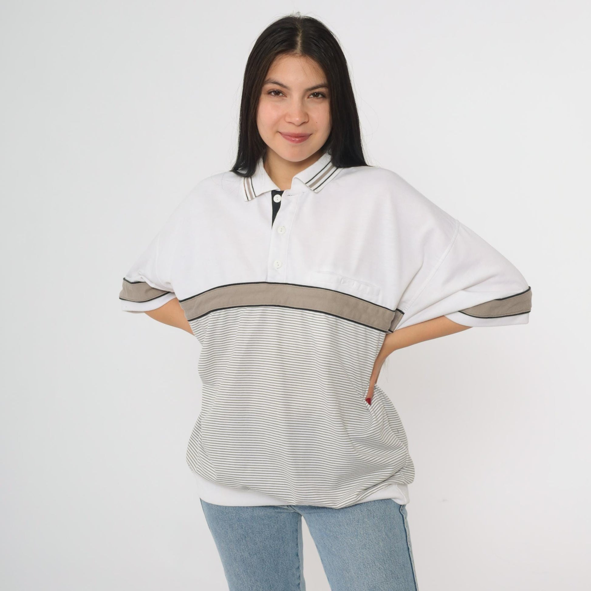 90s Puritan Polo Shirt White Taupe Black Striped Colorblock Large L