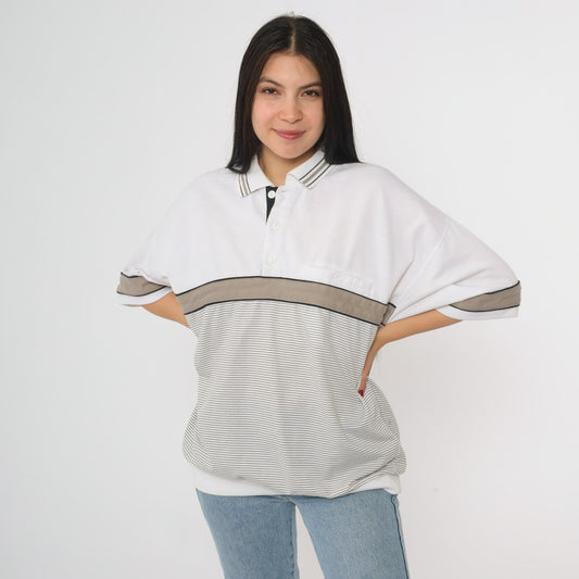 90s Puritan Polo Shirt White Taupe Black Striped Colorblock Large L