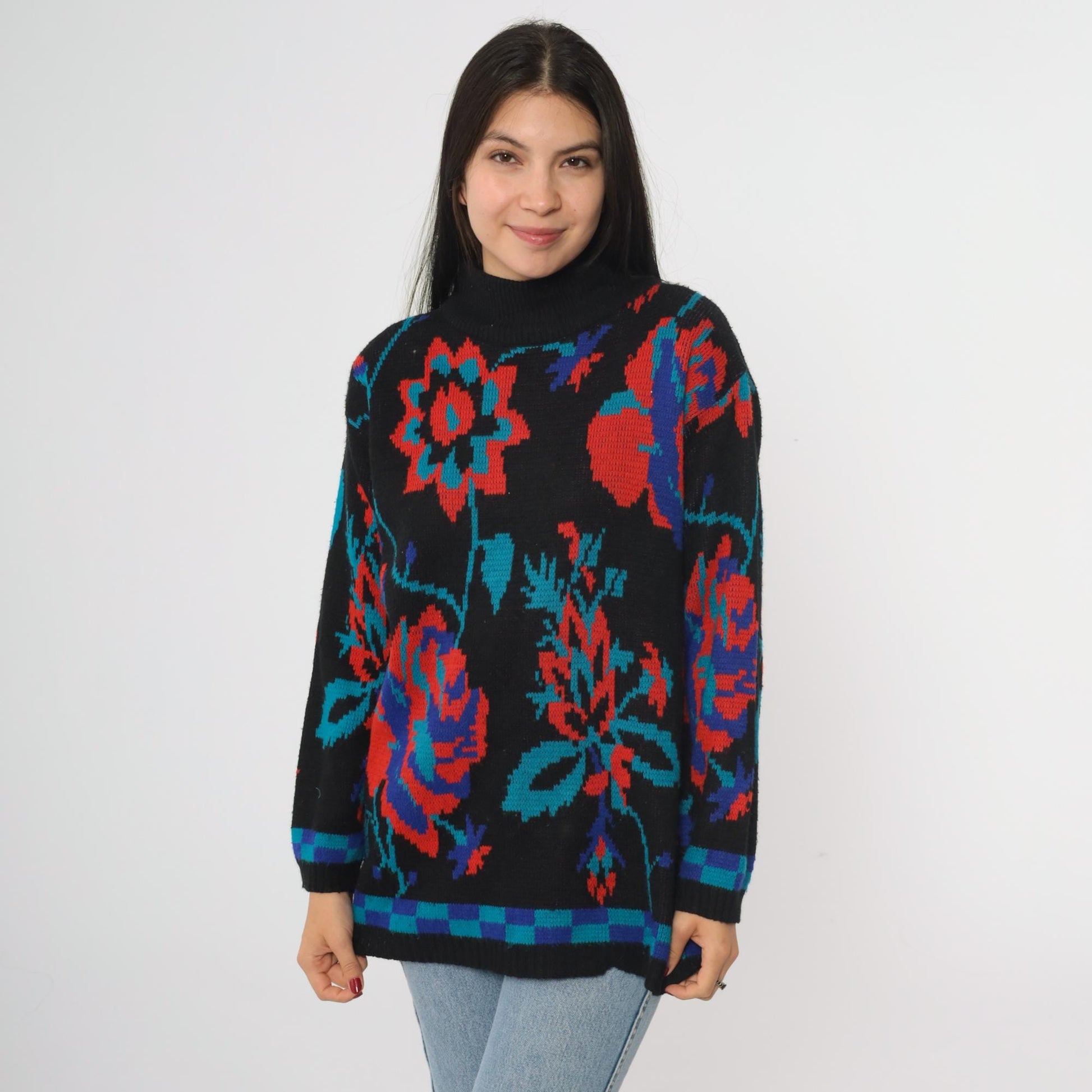 80s Adolfo Collectibles Floral Knit Sweater High Neck Black Red Blue Teal Medium M
