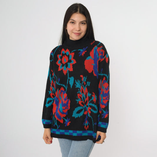 80s Adolfo Collectibles Floral Knit Sweater High Neck Black Red Blue Teal Medium M