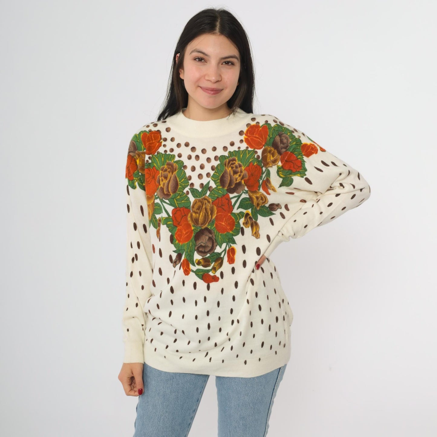 80s General Floral Knit Sweater Cream Rose Heart Print Polka Dot Large