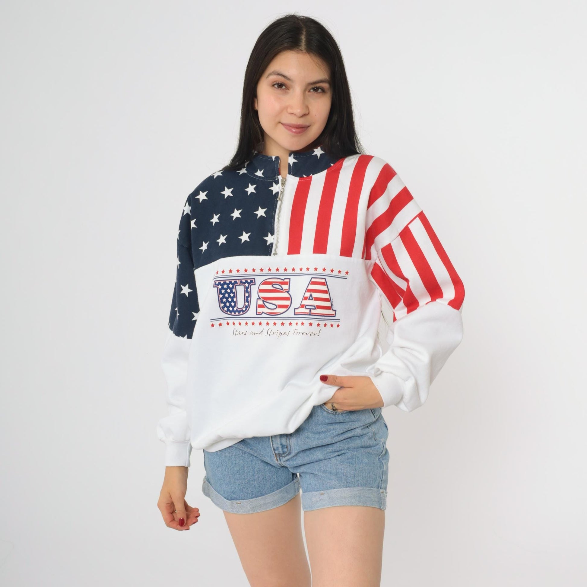 90s USA Flag Half Zip Sweatshirt Stars Stripes Red White Blue Medium