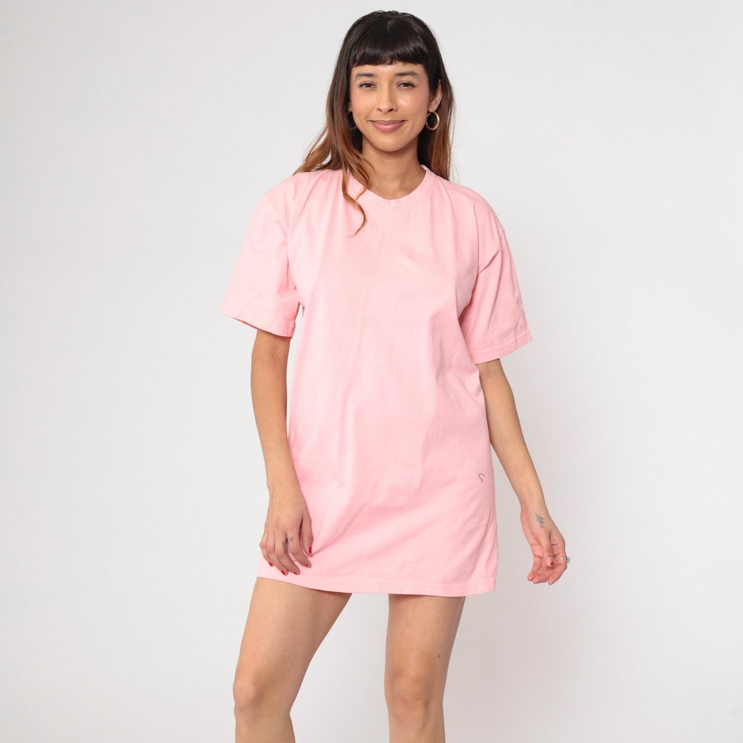 90s Pink Cotton T-Shirt Dress Crew Neck Short Sleeve Mid-Thigh One Size