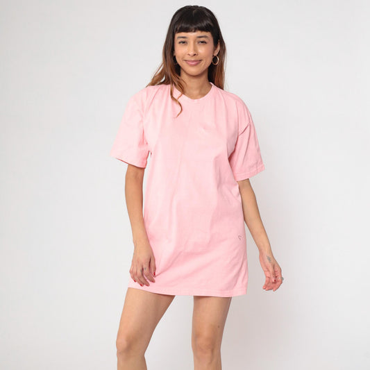 90s Pink Cotton T-Shirt Dress Crew Neck Short Sleeve Mid-Thigh One Size