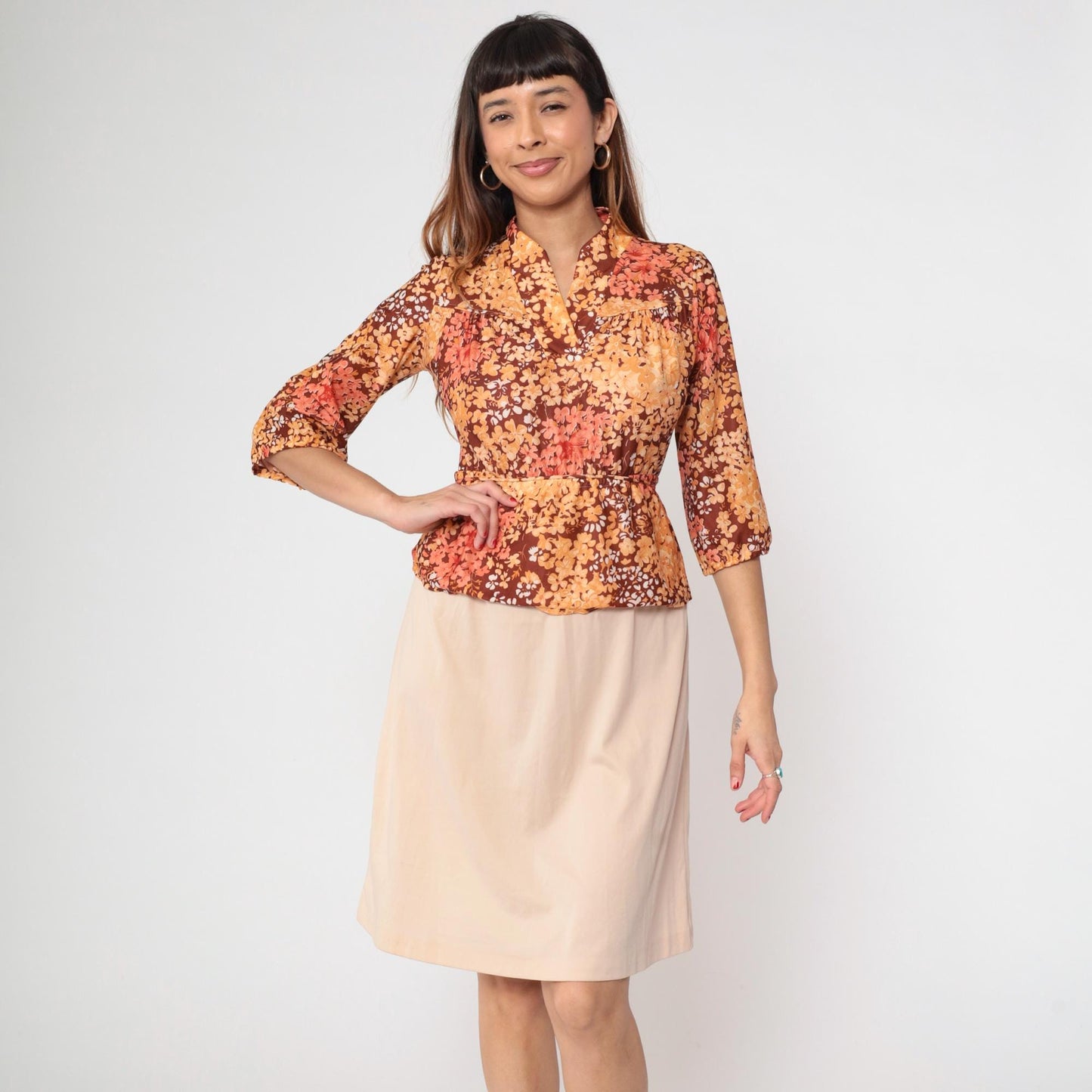 80s Floral Midi Dress Brown Orange Yellow V-Neck Peplum Waist Short Sleeve Medium
