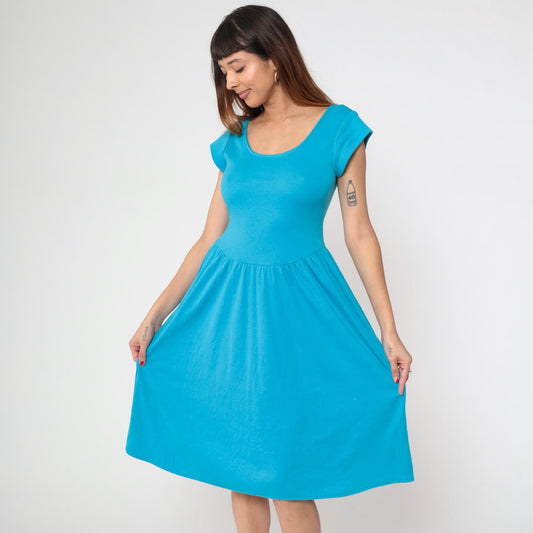 80s Byer Too Turquoise Midi Dress Fitted Bodice Cap Sleeve Small