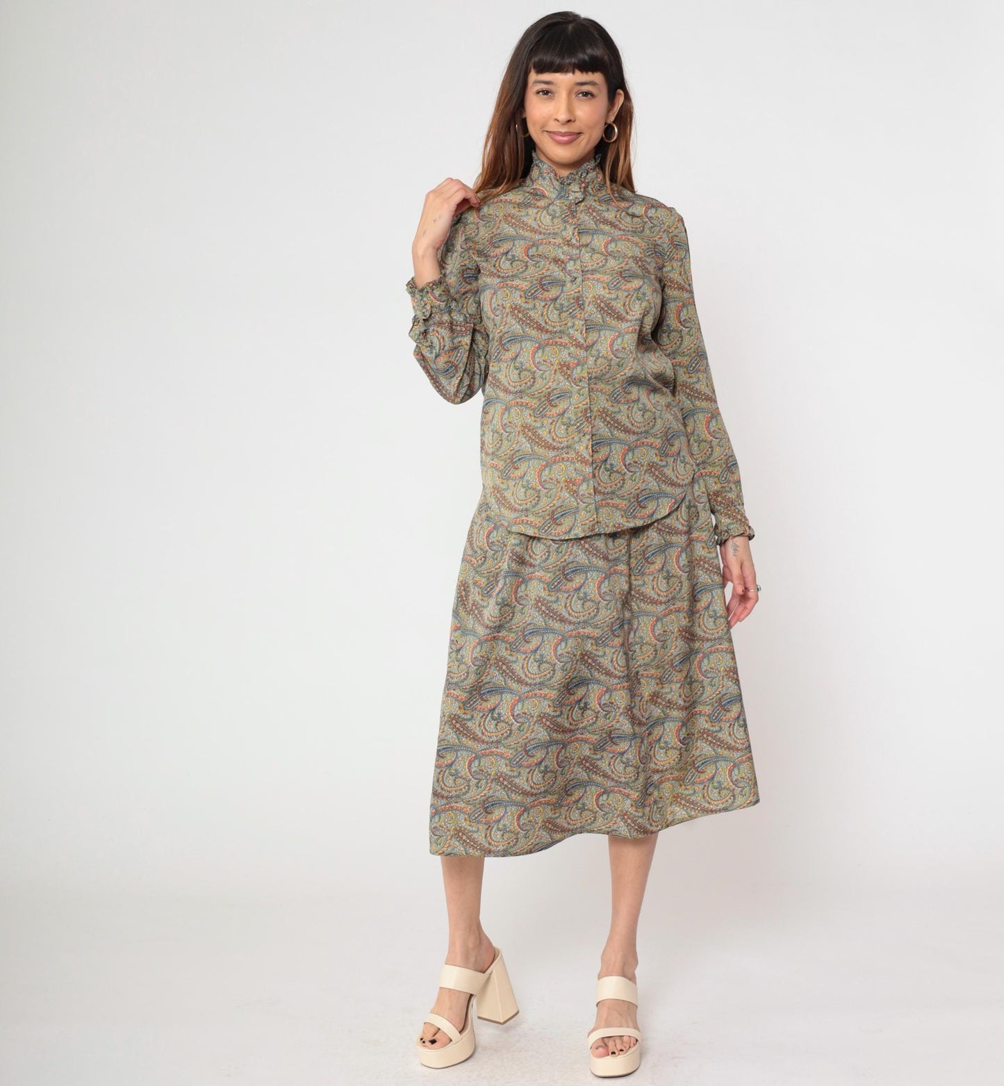 70s The Villager Paisley Two Piece Set Sage Green Blouse Midi Skirt Small