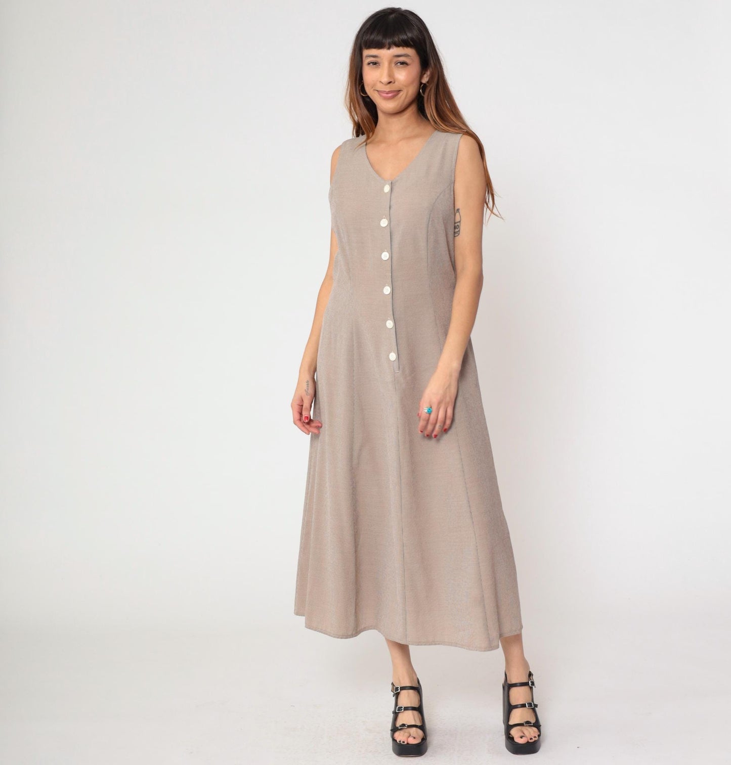 90s Kathie Lee Taupe Maxi Dress V Neck Lace Up Back Sleeveless Medium