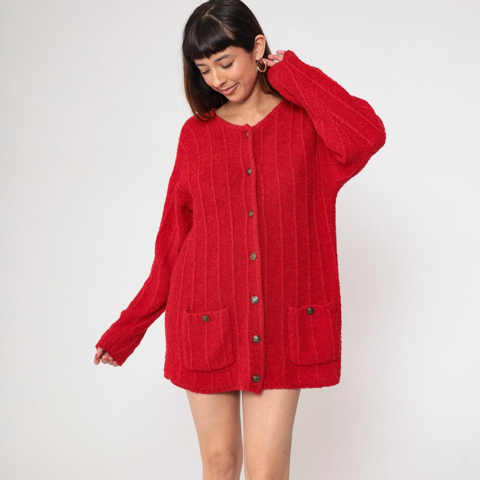 80s Fabriano Red Cardigan Sweater Chunky Knit Button Front Medium M