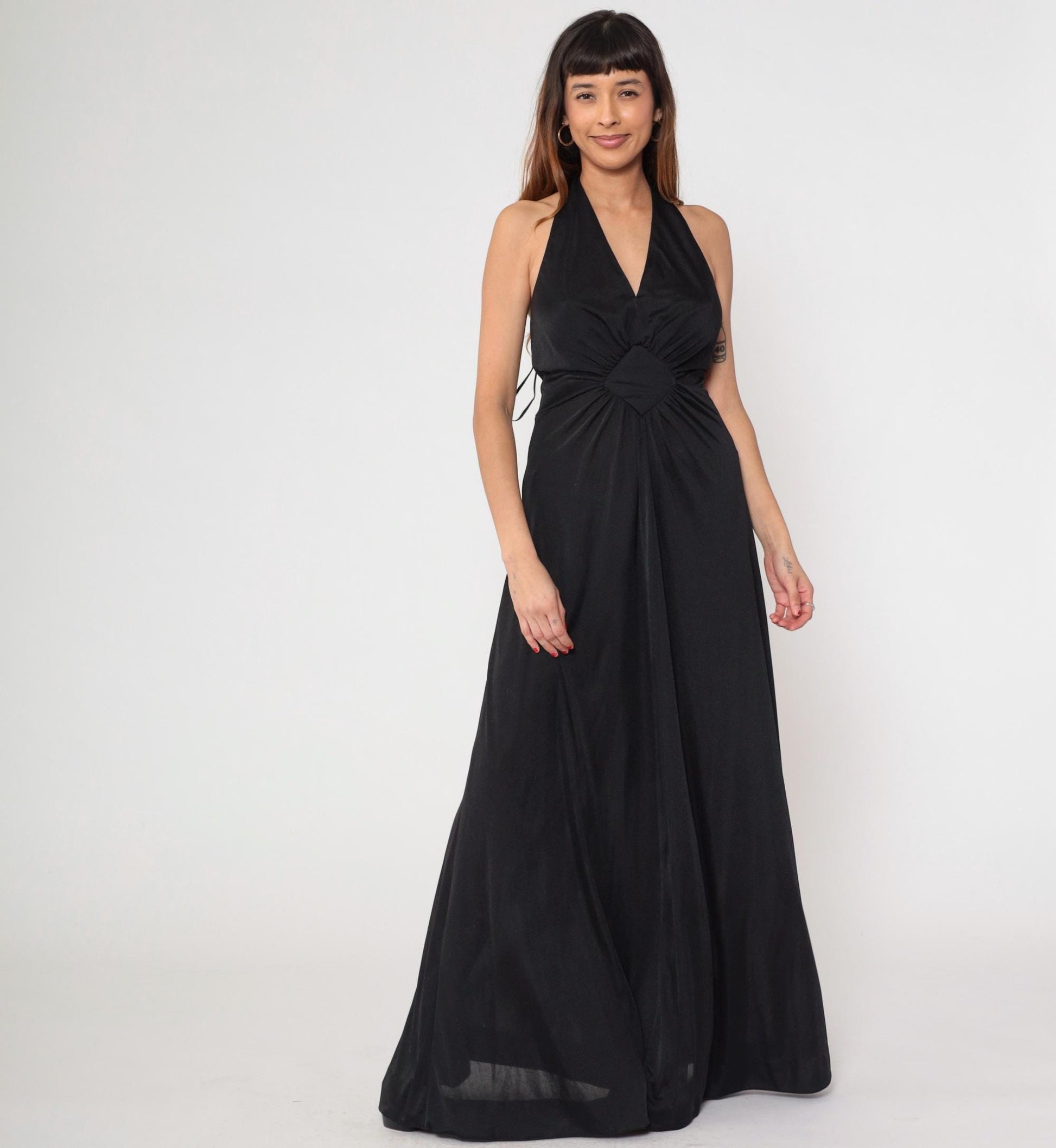 70s Black Halter Maxi Dress Plunging V Neck Open Back Empire Waist Medium