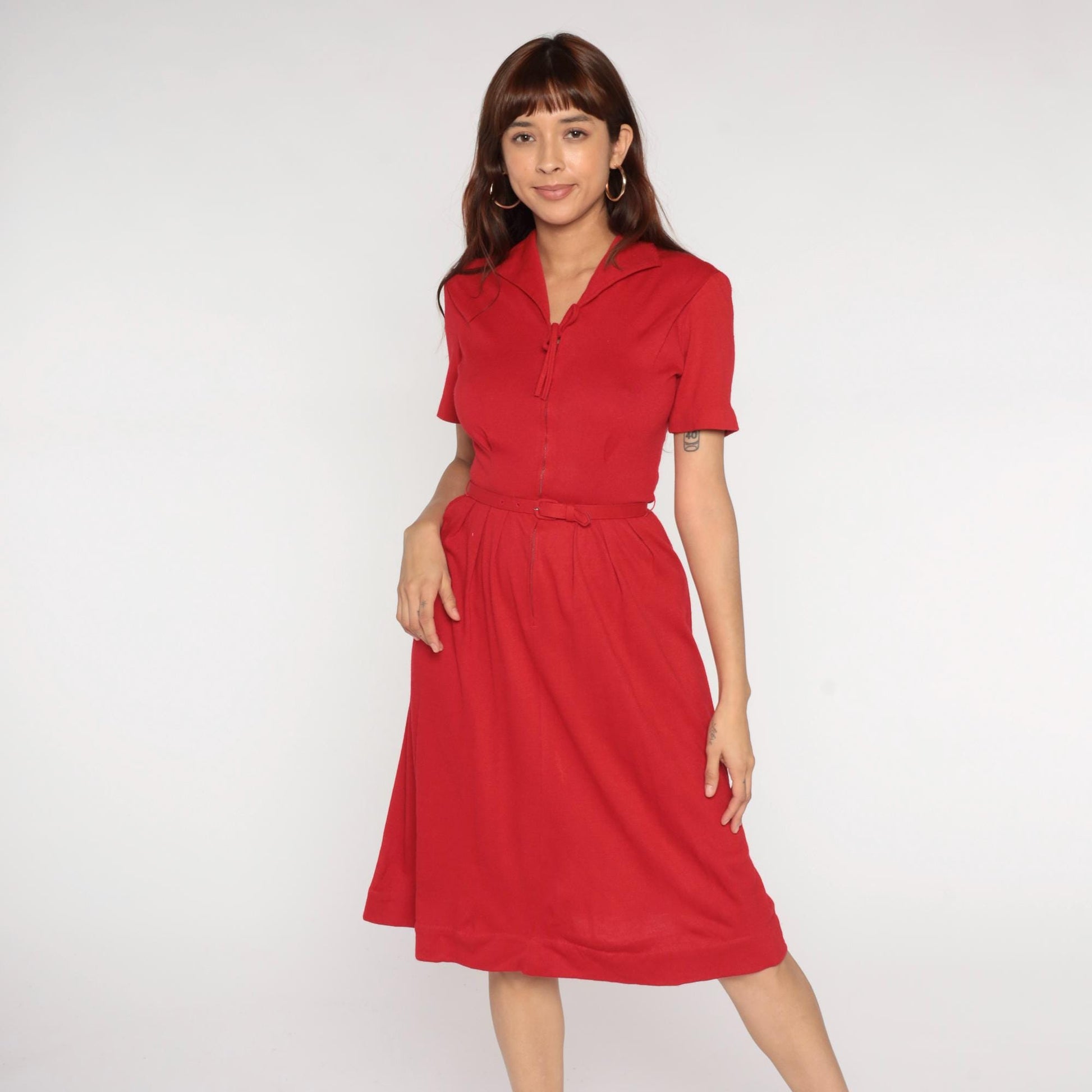60s Toni Hunt Cherry Red Wool Blend Dress Notch Collar Belted Small