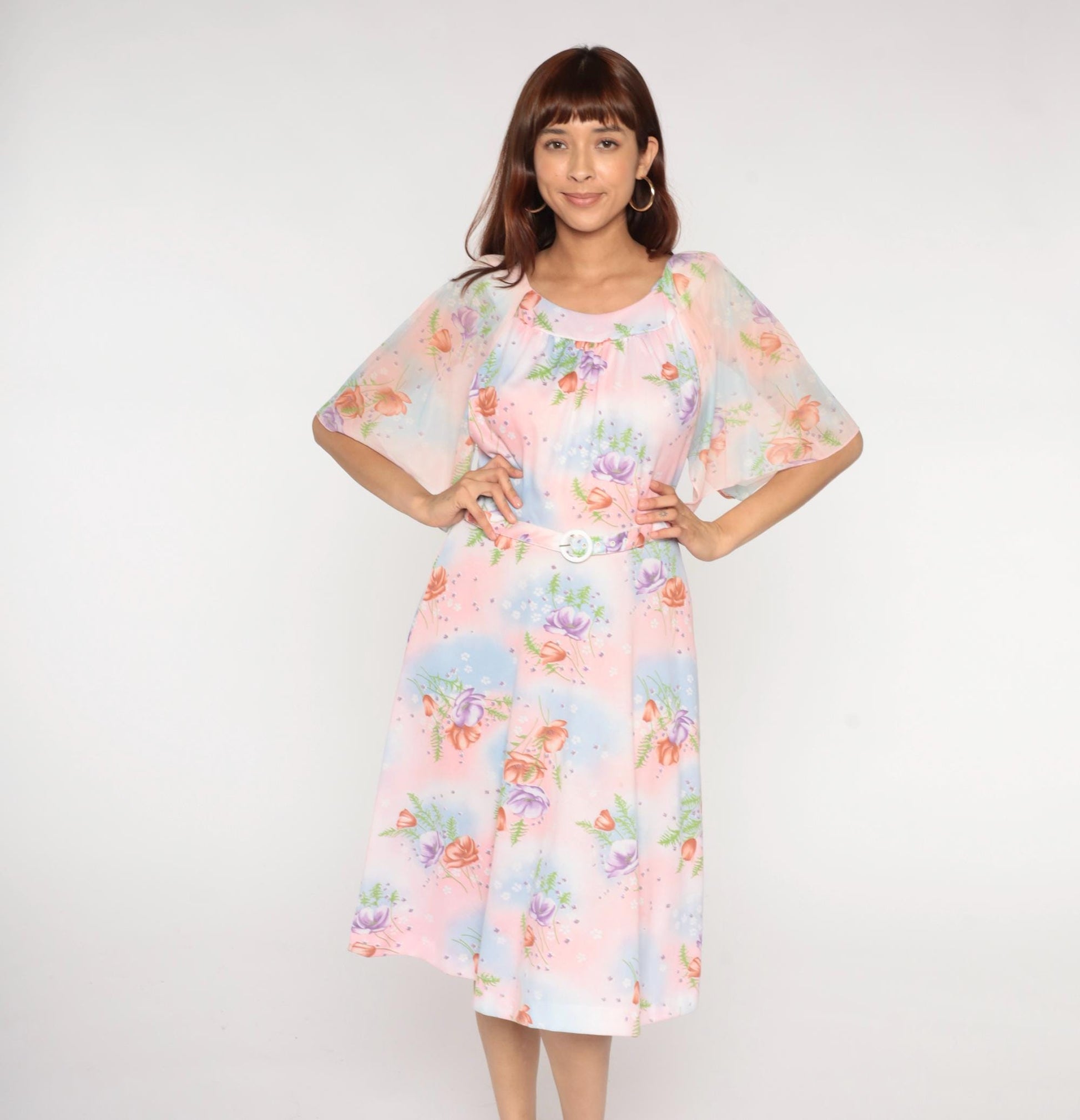 70s Lane Bryant Floral Midi Dress Pink Blue Rose Print Peter Pan Collar Large