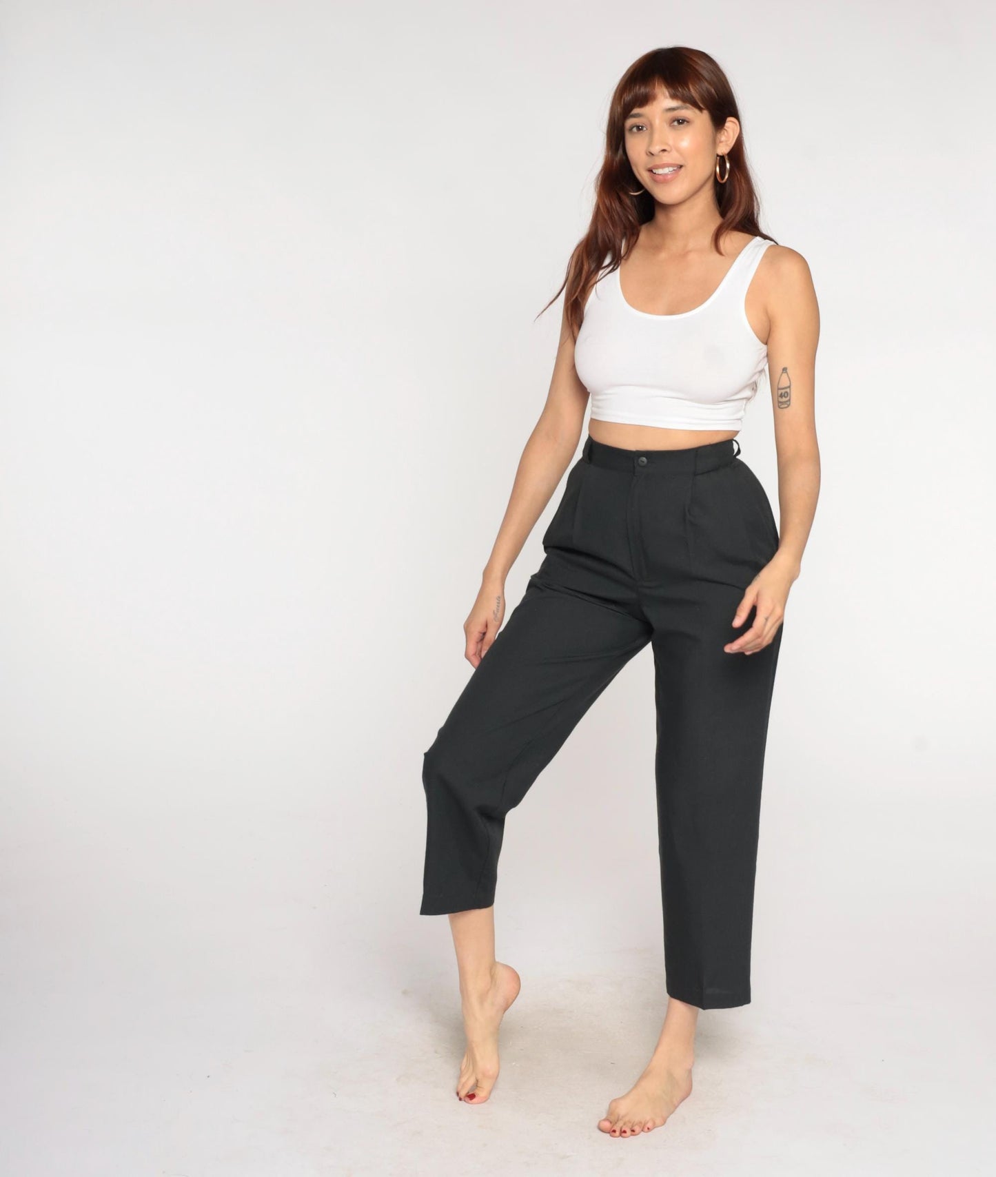 80s Black Pleated High-Waist Tapered Trousers Cropped Leg Small