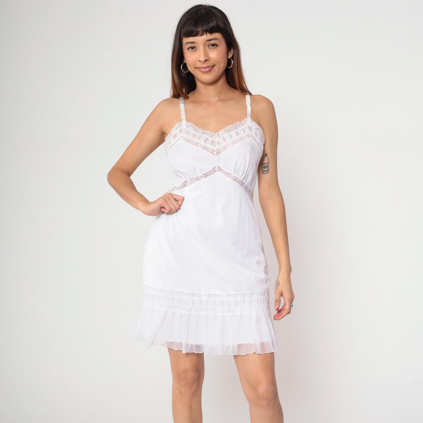 70s White Slip Dress Embroidered Lace V-Neck Empire Waist Spaghetti Strap Mini Medium
