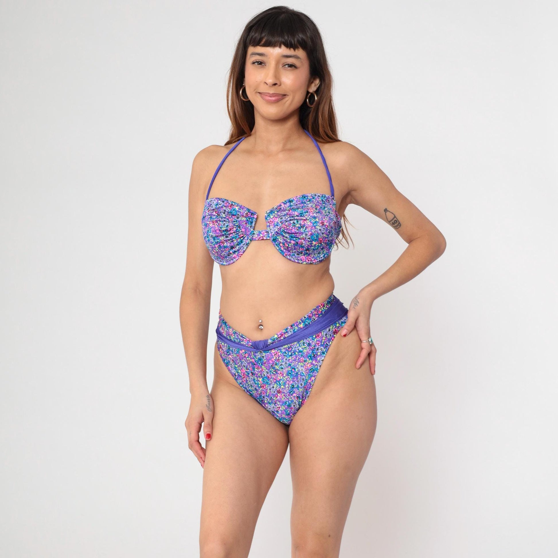 90s Sunsets Floral Bikini Purple Blue Pink Halter Underwire High Waist Medium