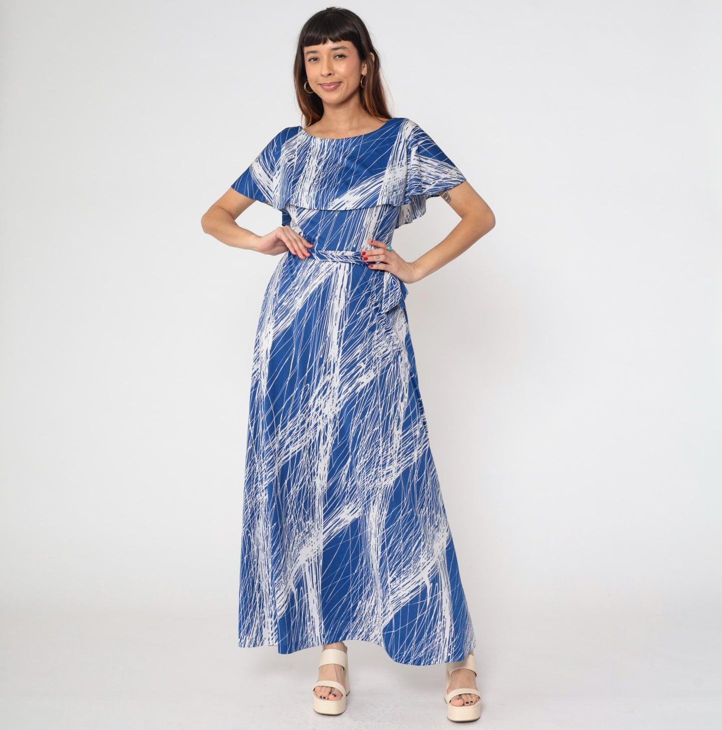 70s Mary Martin Maxi Dress Blue White Brushstroke Capelet Boat Neck Medium