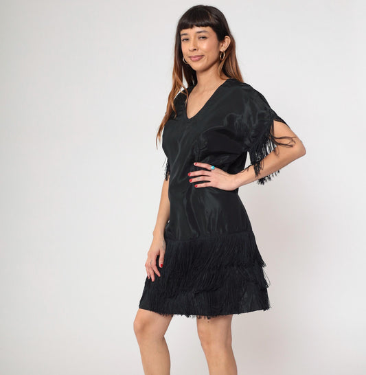 70s Black Fringe Mini Shift Dress V-Neck Tassel Sleeve Cocktail Medium M