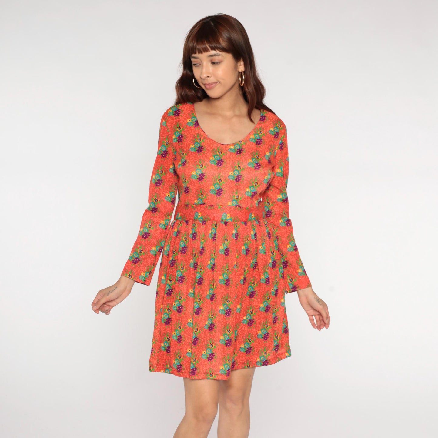 70s Avalon Classics Floral Mini Dress Coral Orange Empire Waist Long Sleeve Medium