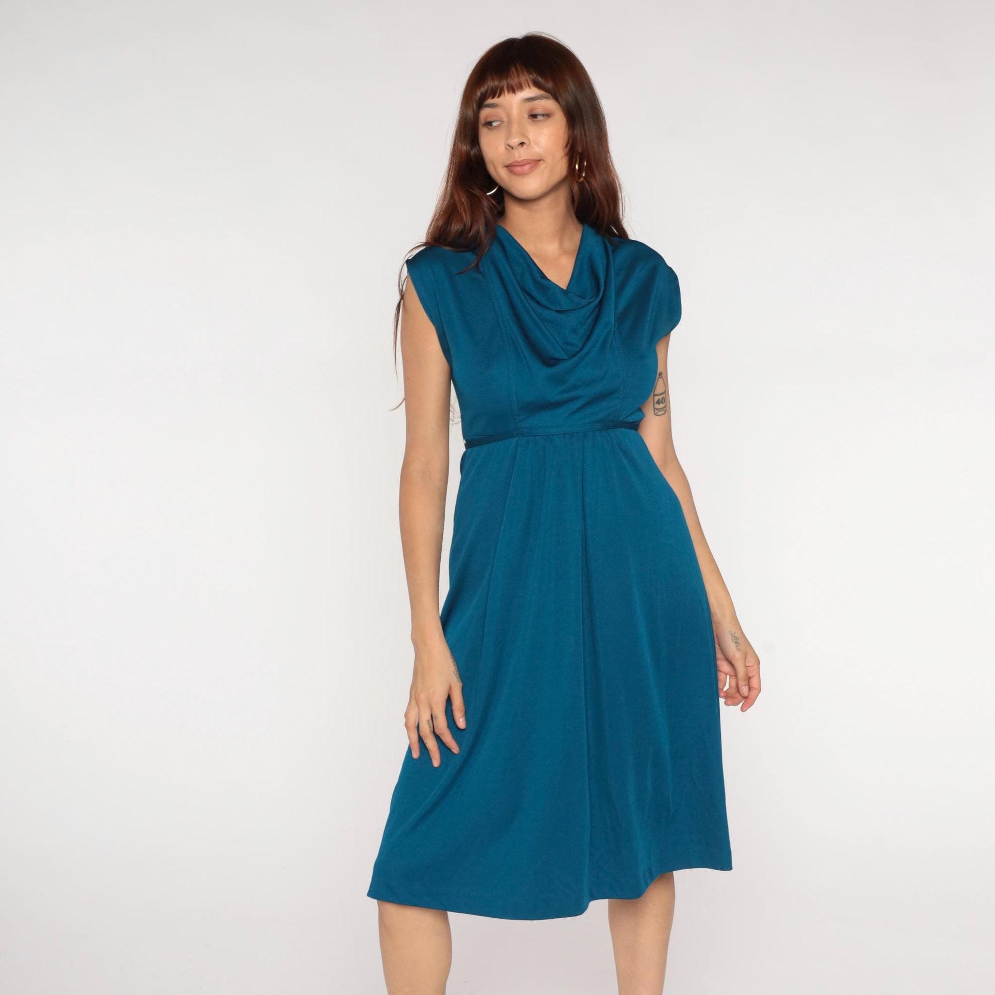 70s Teal Cowl Neck Midi Dress Empire Waist A-line Sleeveless Small