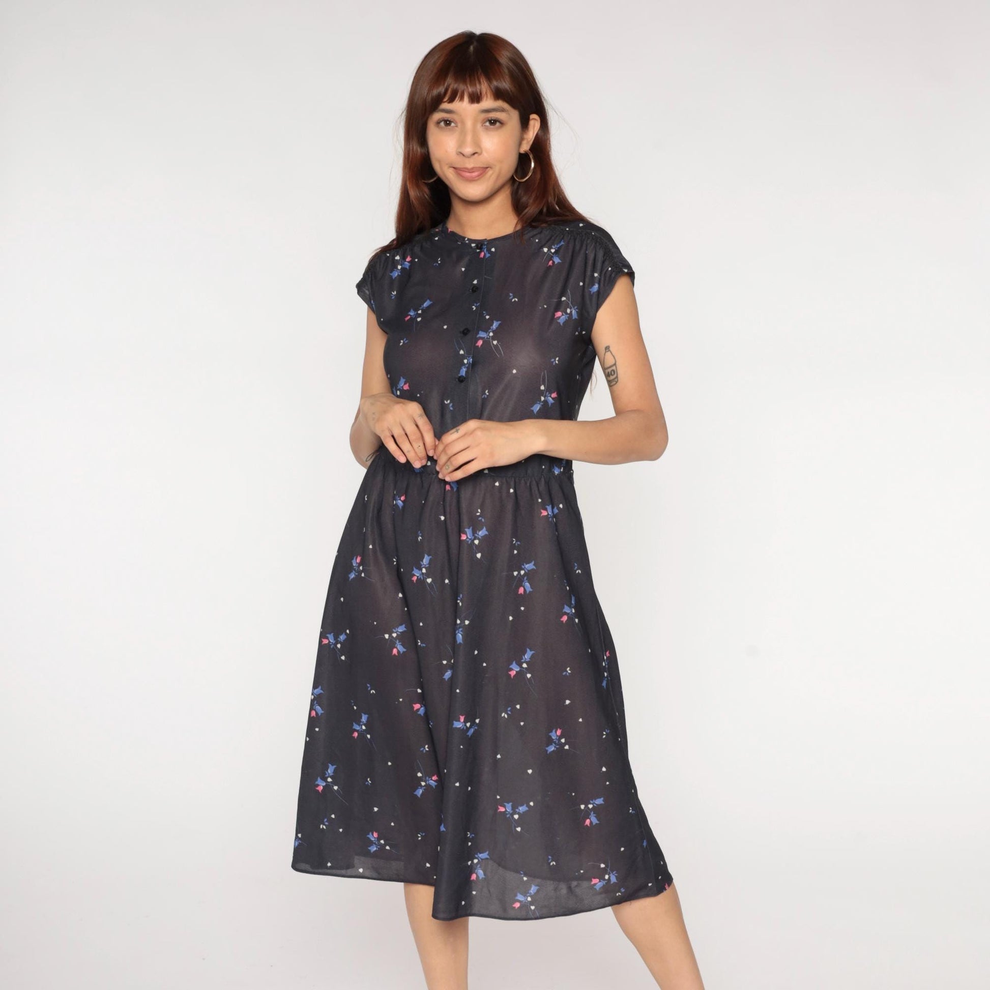 70s Grissom Lane Floral Midi Dress Black Button-Front Empire Waist Large