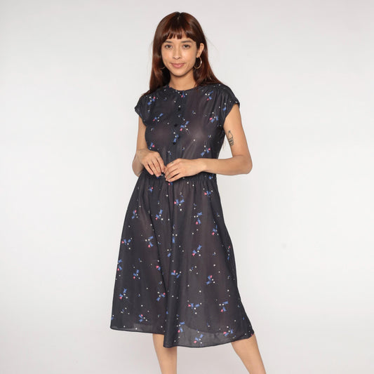 70s Grissom Lane Floral Midi Dress Black Button-Front Empire Waist Large