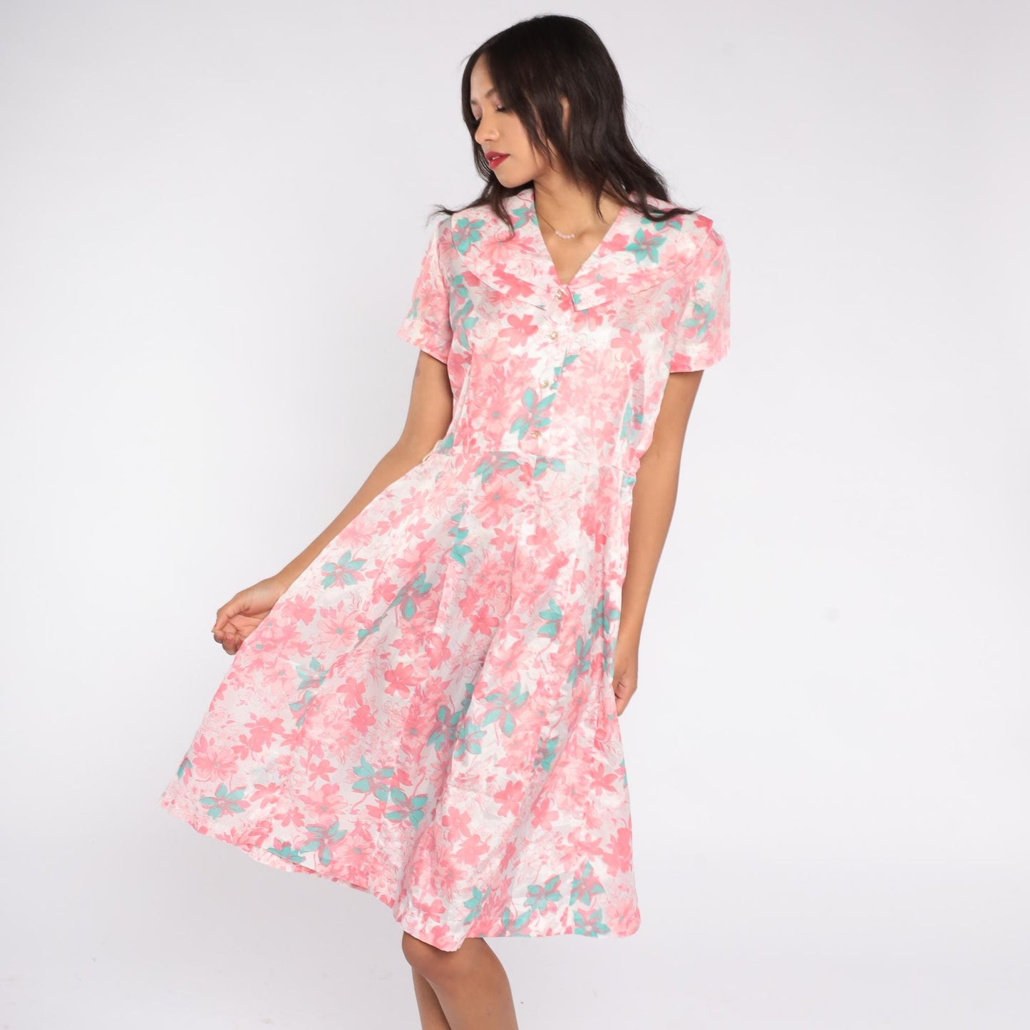 60s Mode O Day Floral Shirt Dress Pink Mint Midi Large L
