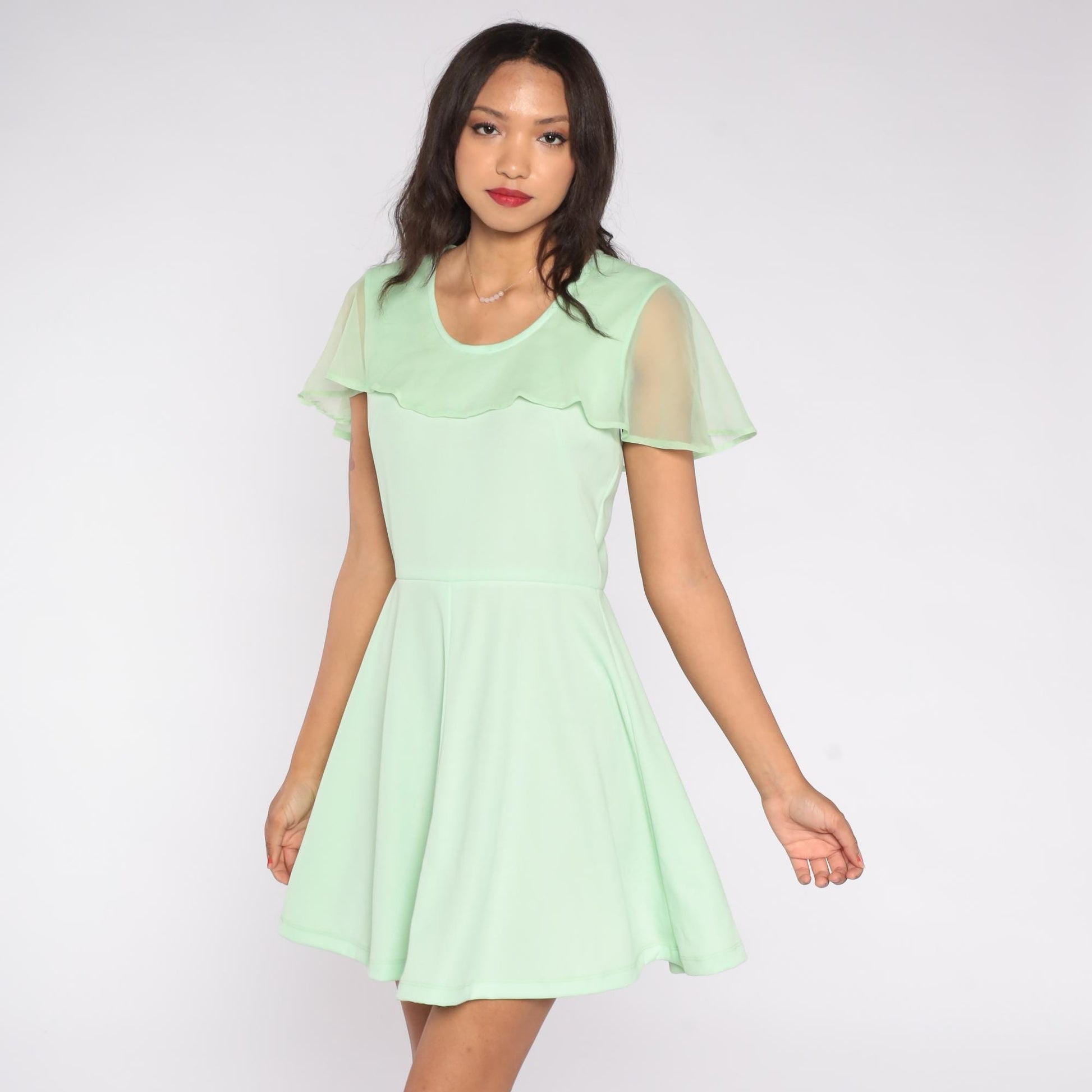 70s Mint Green Babydoll Mini Dress Flutter Sleeve Chiffon Medium