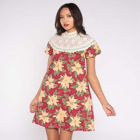 70s Princess Kaiulani Poinsettia Mini Dress Cotton Floral Red Cream Small