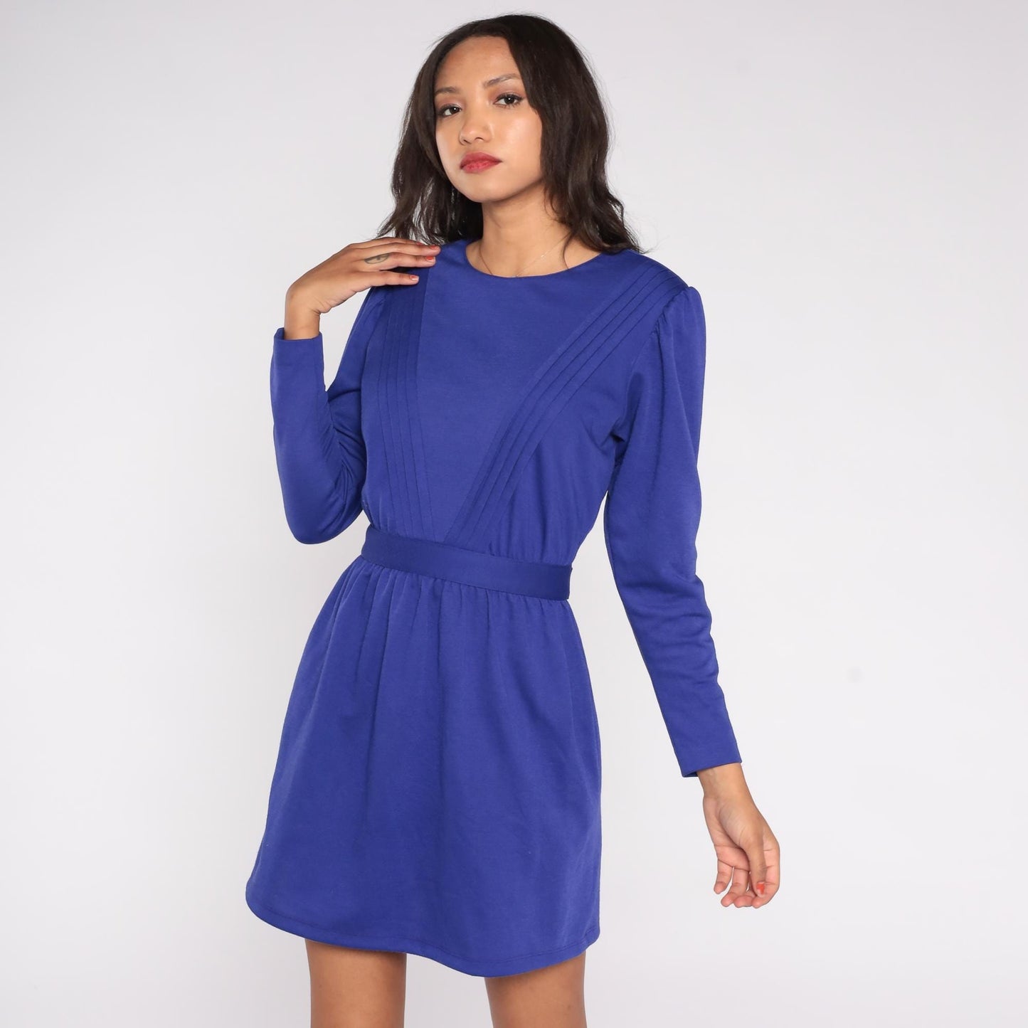 80s Lanz Originals Royal Blue Mini Dress Pleated Long Sleeve Button Back Medium