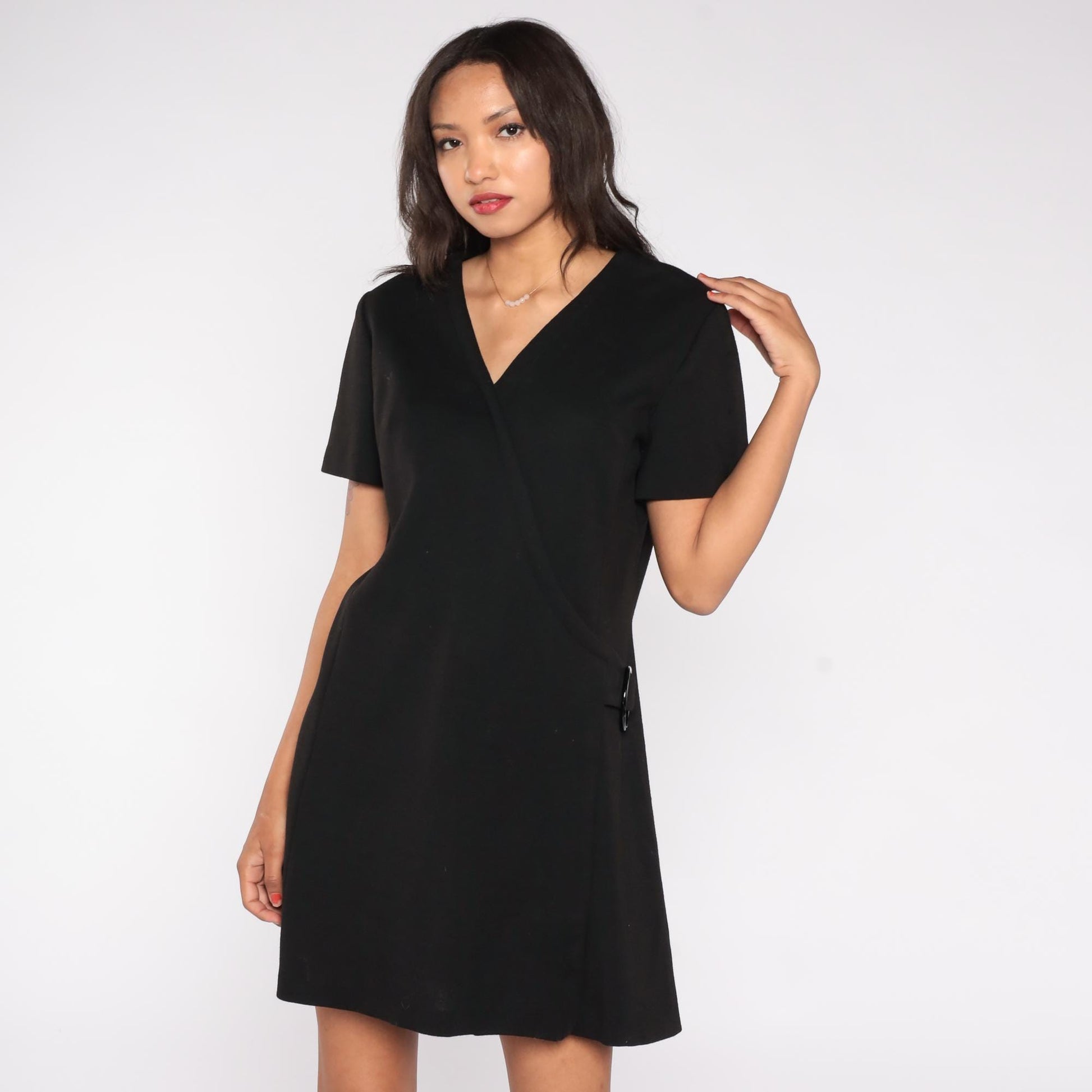60s Black Wool Mini Shift Dress Short Sleeve Wrap Front Mod Extra Large XL