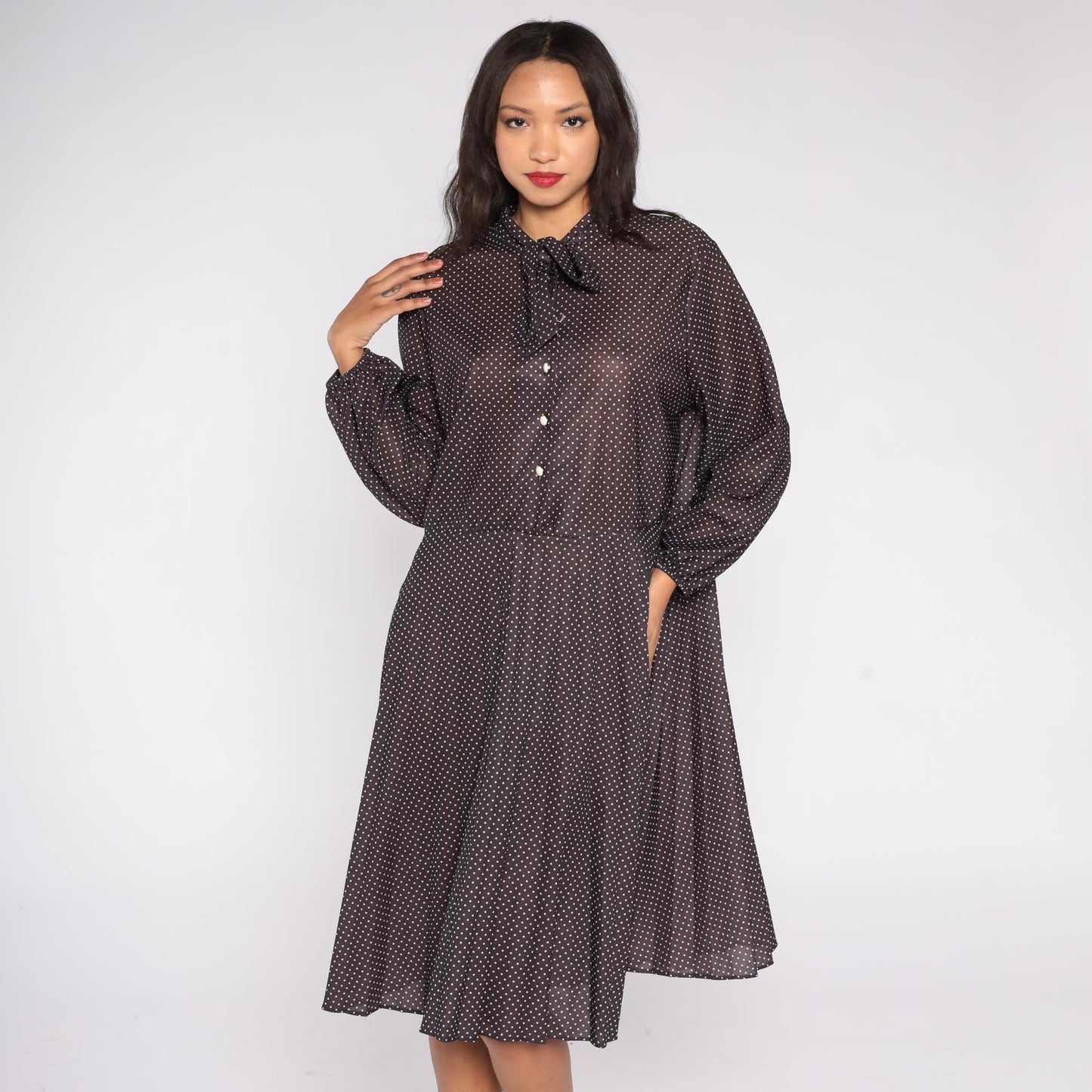 70s Brown Polka Dot Midi Dress Pussy Bow Neckline Button Front Pleated Extra Large