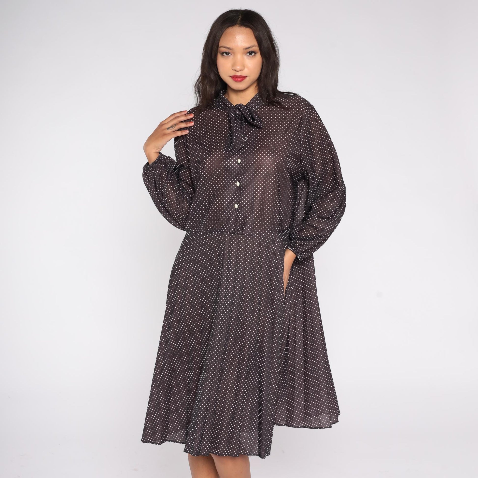 70s Brown Polka Dot Midi Dress Pussy Bow Neckline Button Front Pleated Extra Large