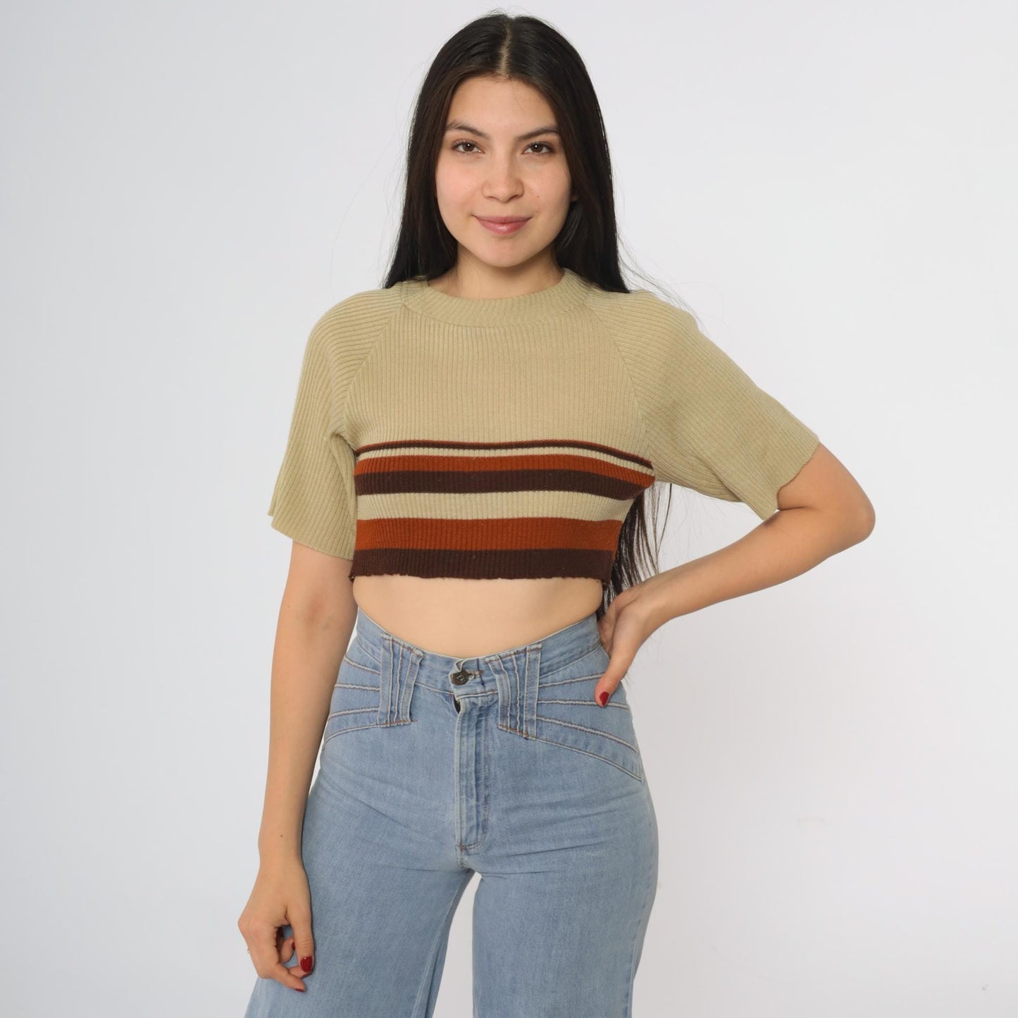 70s Striped Crop Top Tan Brown Rust Rib Knit Short Sleeve Crew Neck Large