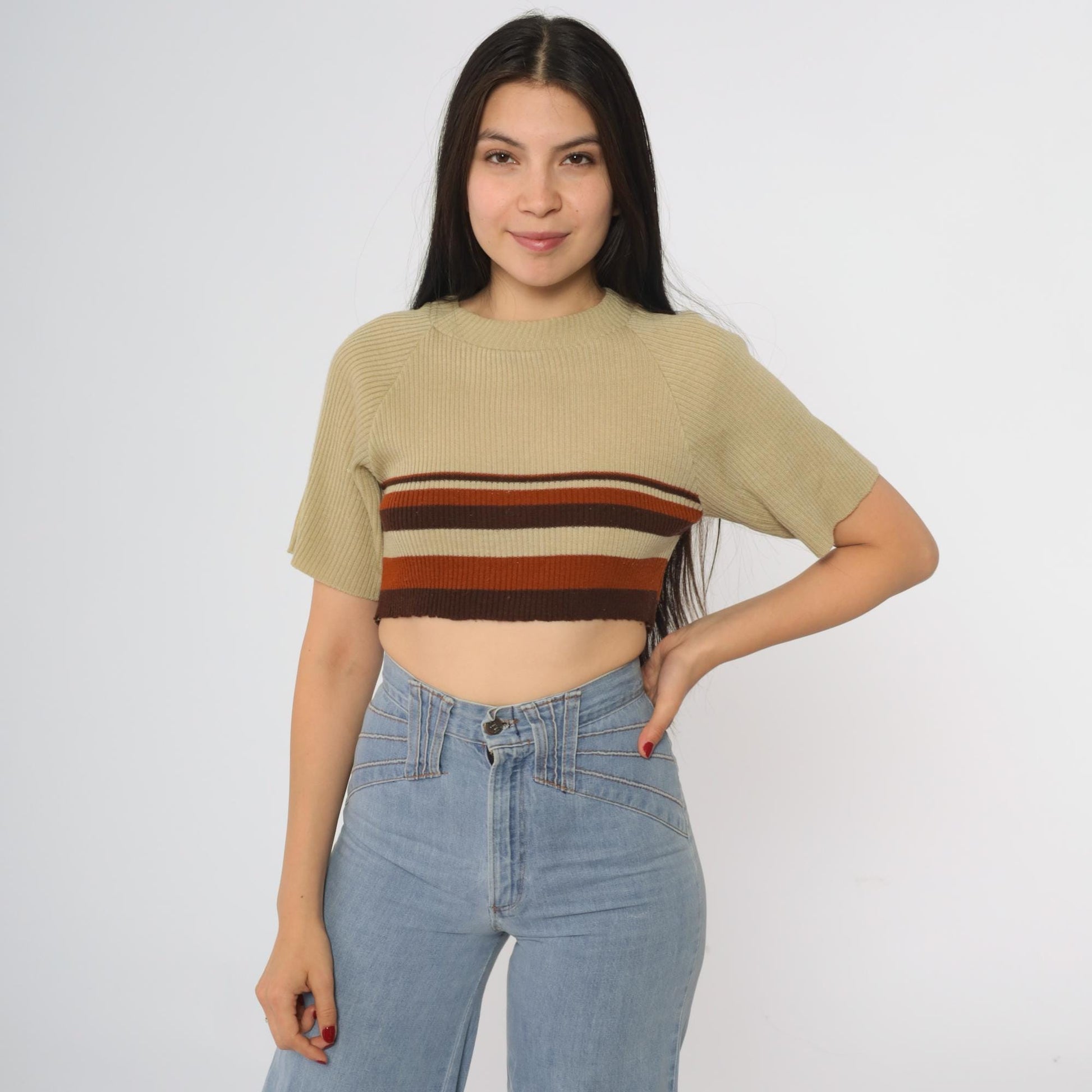 70s Striped Crop Top Tan Brown Rust Rib Knit Short Sleeve Crew Neck Large