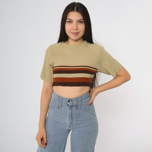 70s Striped Crop Top Tan Brown Rust Rib Knit Short Sleeve Crew Neck Large