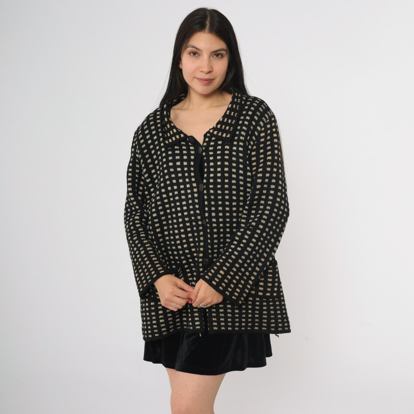 80s Black Cream Check Wool Sweater Coat Collared Cardigan Large L