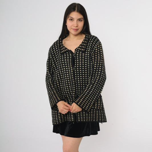 80s Black Cream Check Wool Sweater Coat Collared Cardigan Large L
