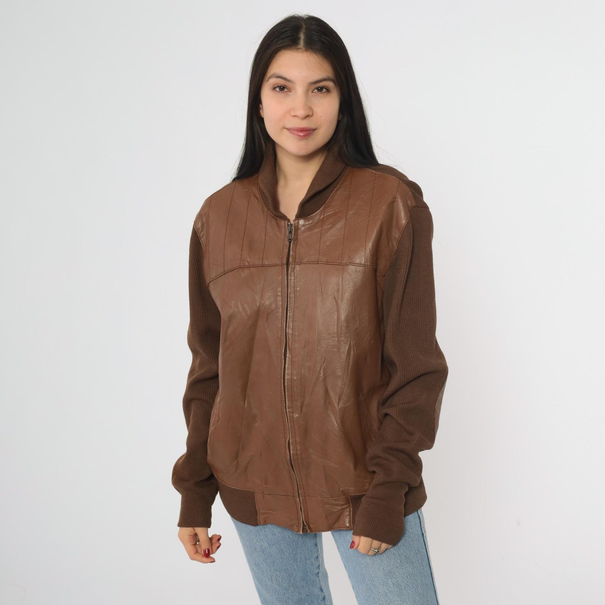80s Torras Brown Leather Bomber Jacket Wool Knit Sleeves Elbow Patch Large